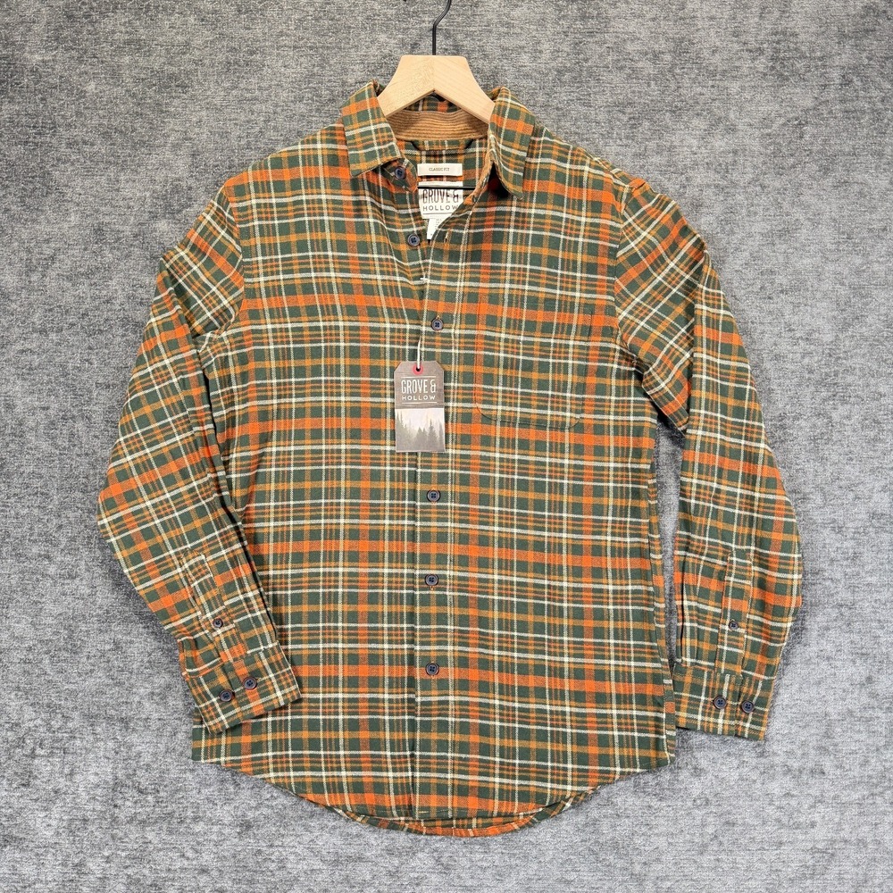 Grove & Hollow Classic Fit‎ Plaid Flannel Shirt Mens Green Orange Small